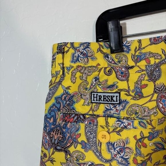 HRESKI Shorts Mens 38 Yellow Paisley Print Chino Casual Summer Flat Front Bold - Picture 5 of 9